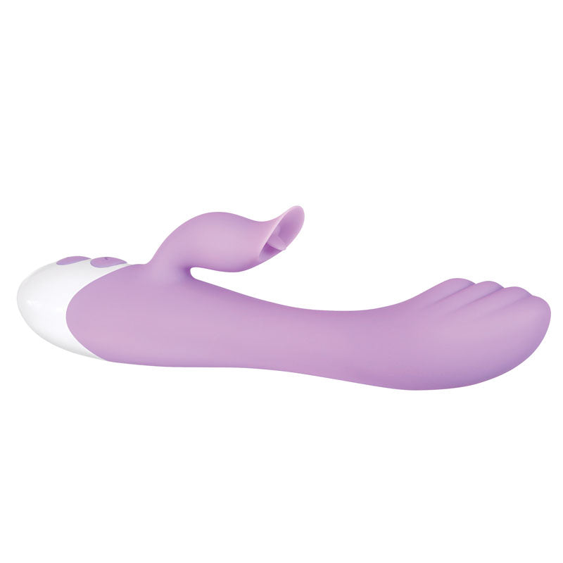 Evolved PLEASING PETAL - Lilac 19.7 cm USB Rechargeable Rabbit Vibrator side view with smooth silicone design.