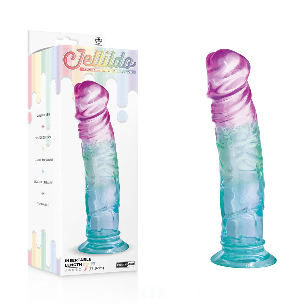 Jellido 18cm Dildo - Clear 18 cm Dildo displayed with packaging, showcasing its realistic design and strong suction base.