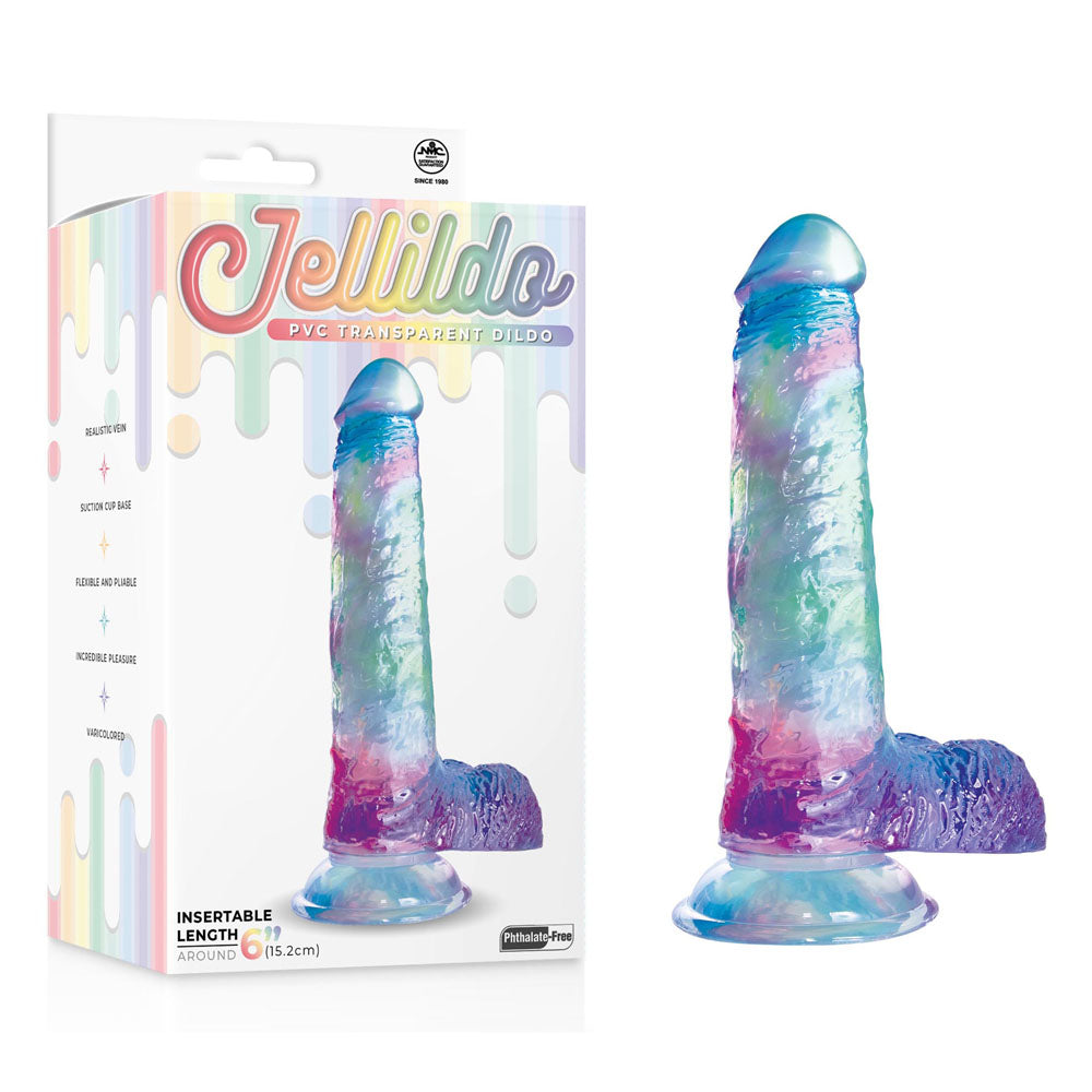 Jellido 15.2cm Dildo - Clear  15.2 cm Dildo next to packaging, realistic design with suction cup base.