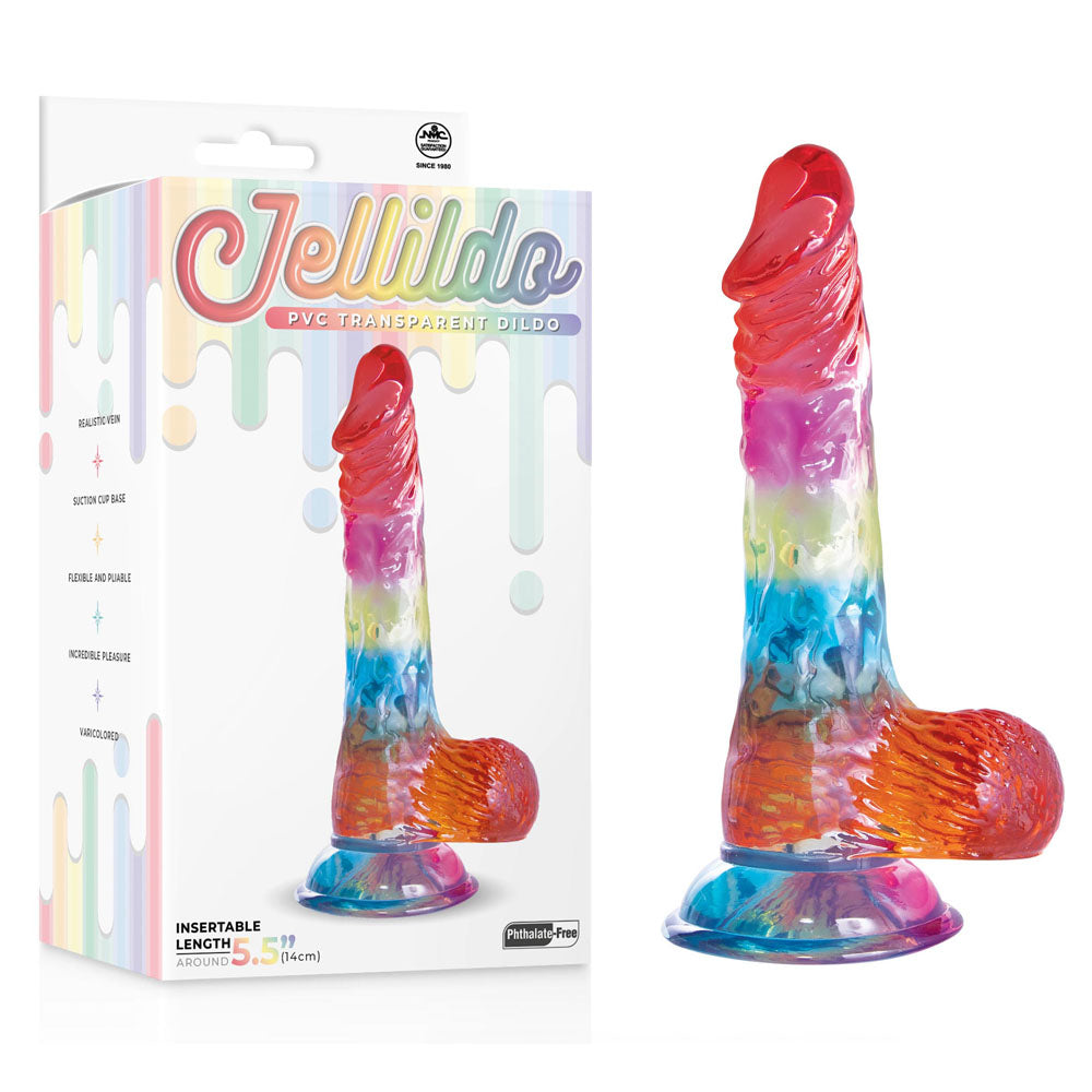 Jellido 14cm Dildo - Clear  14 cm Dildo next to packaging, featuring vibrant colors and realistic design.