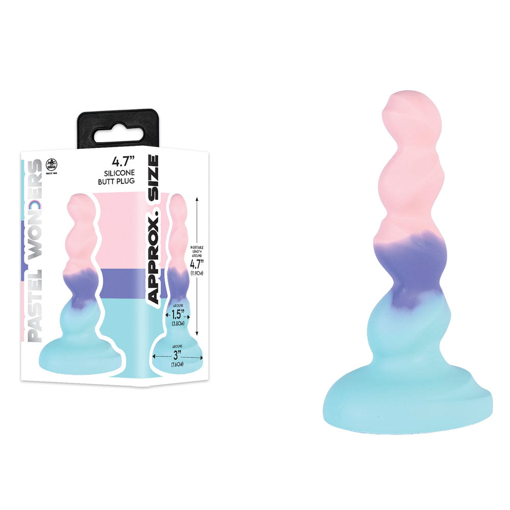 Pastel Wonders - 11.9 cm Silicone Butt Plug -  11.9 cm Butt Plug in pastel pink, purple and blue silicone with a wavy design.