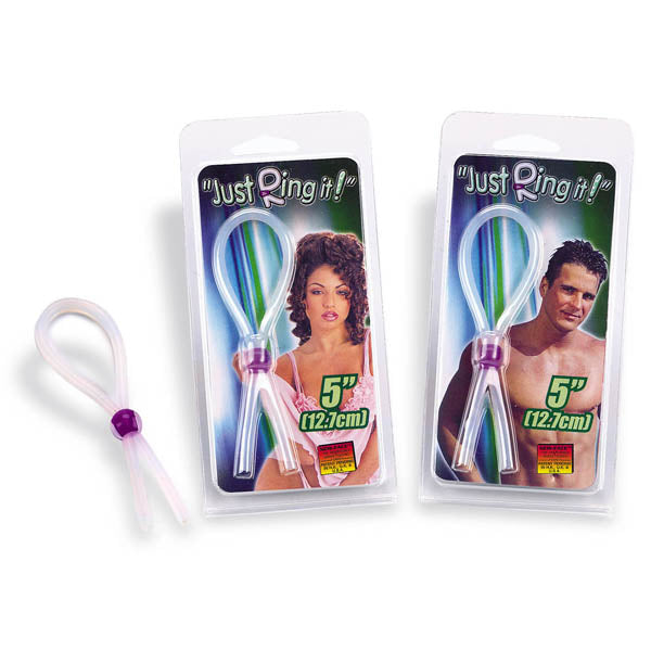 Just Ring It - Clear Cock Lasso Ring packaging with models showcasing silicone intimate essentials for her.