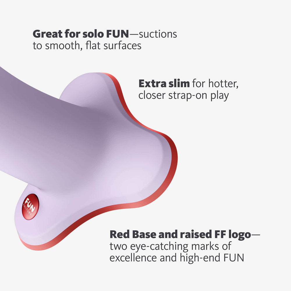 Fun Factory AMOR lavender - Lavender 14.6 cm Dildo features suction and extra slim design for intense solo and strap-on fun.
