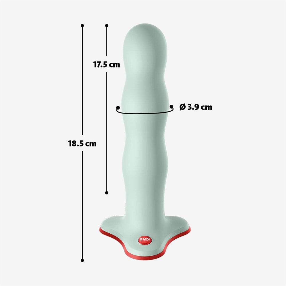 Fun Factory BOUNCER sage  - Sage  18.5 cm Dildo with measurements and dimensions.