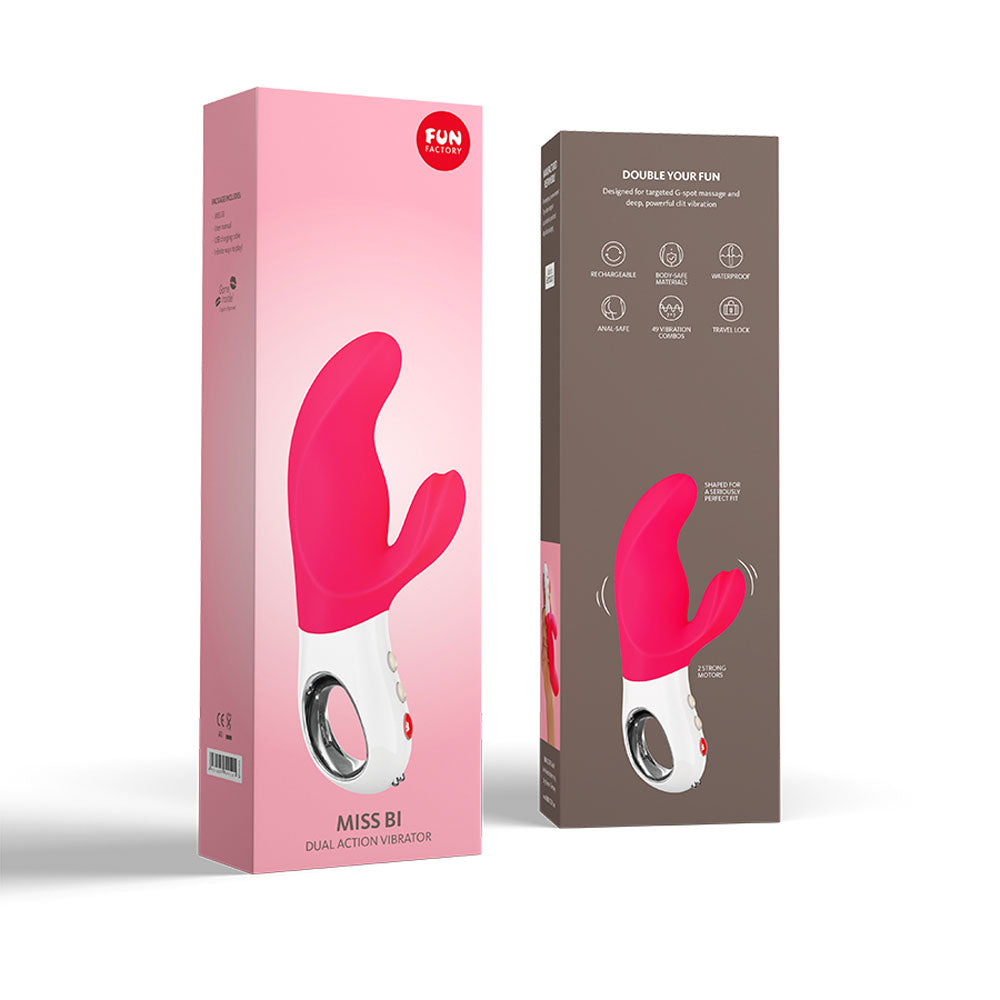 Fun Factory MISS BI - 17 cm USB Rechargeable Rabbit Vibrator packaging showcasing its dual action design.