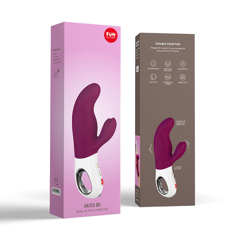 Fun Factory MISS BI grape - Grape 17 cm USB Rechargeable Rabbit Vibrator packaging front and back views.