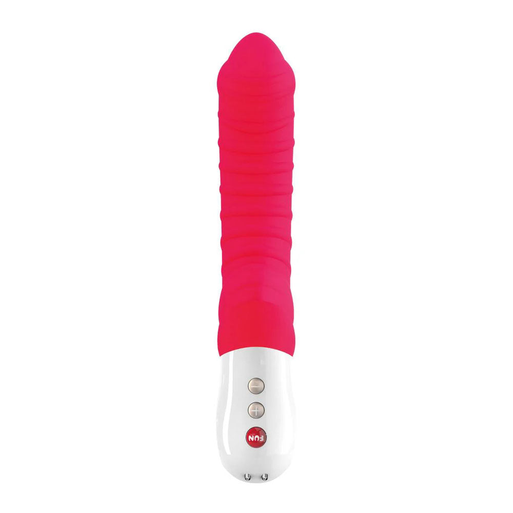 Fun Factory TIGER india - 22.3 USB Rechargeable Vibrator in pink with ribbed design for powerful vibrations.