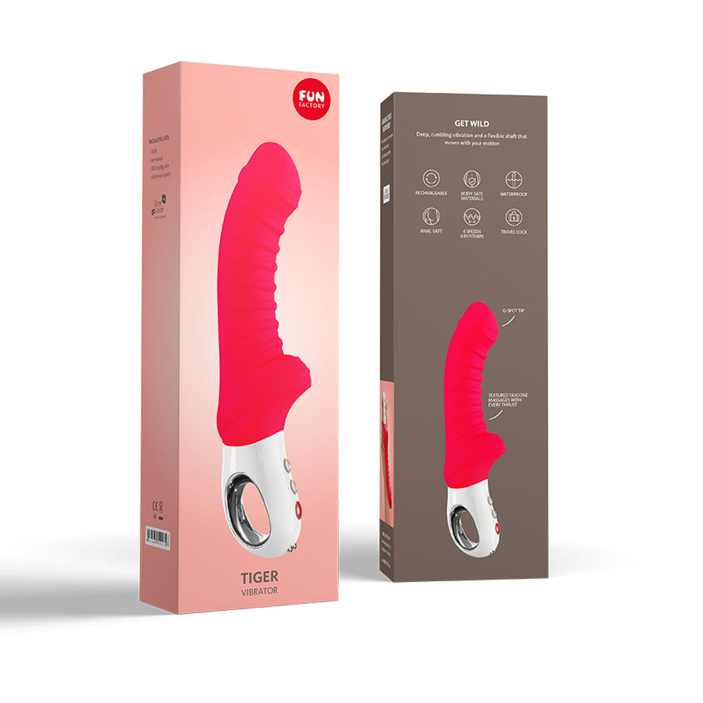 Fun Factory TIGER india - 22.3 USB Rechargeable Vibrator packaging showcasing its sleek design and features.