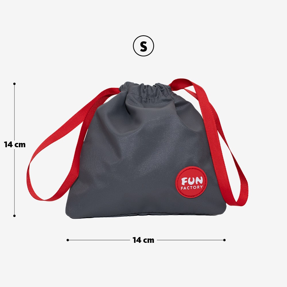 Fun Factory TOYBAG S grey - Grey Discreet Storage Bag - Small with red drawstrings and dimensions.