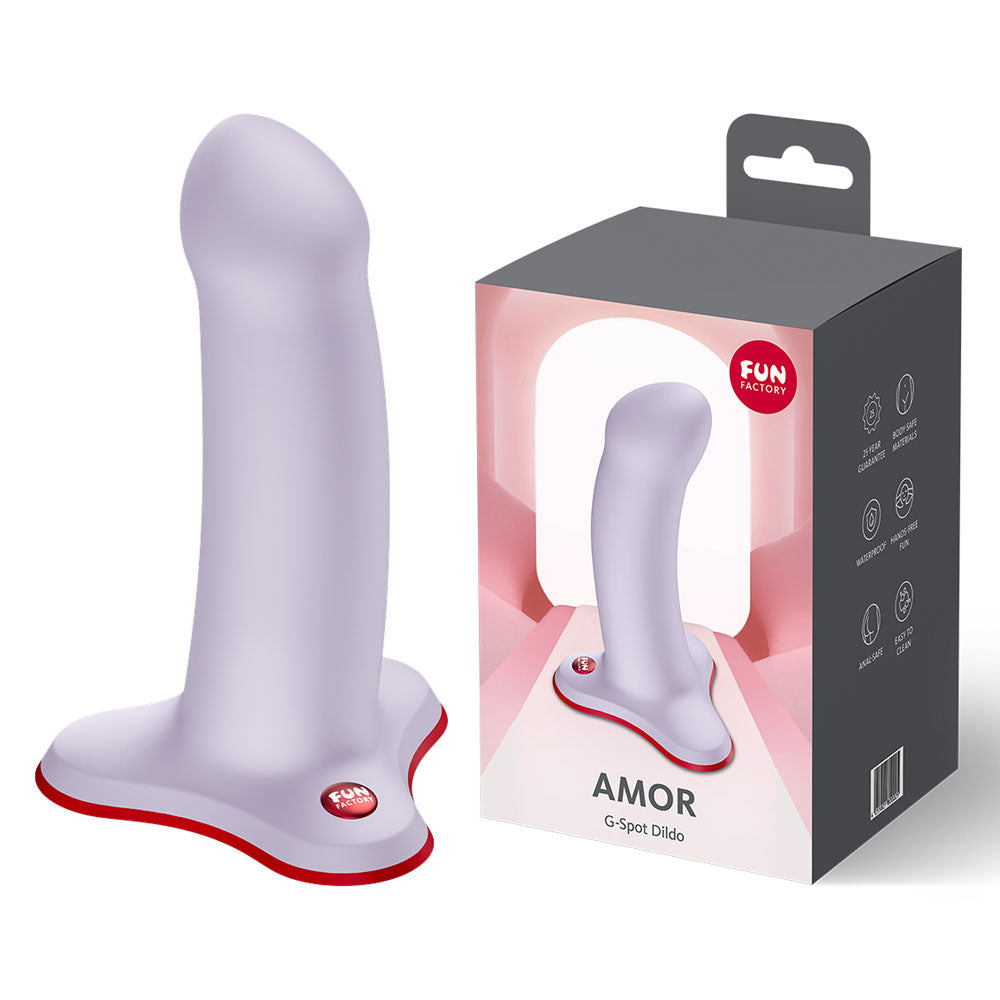 Fun Factory AMOR - 13.5 cm Dildo displayed next to its packaging, featuring a sleek design for G-spot stimulation.