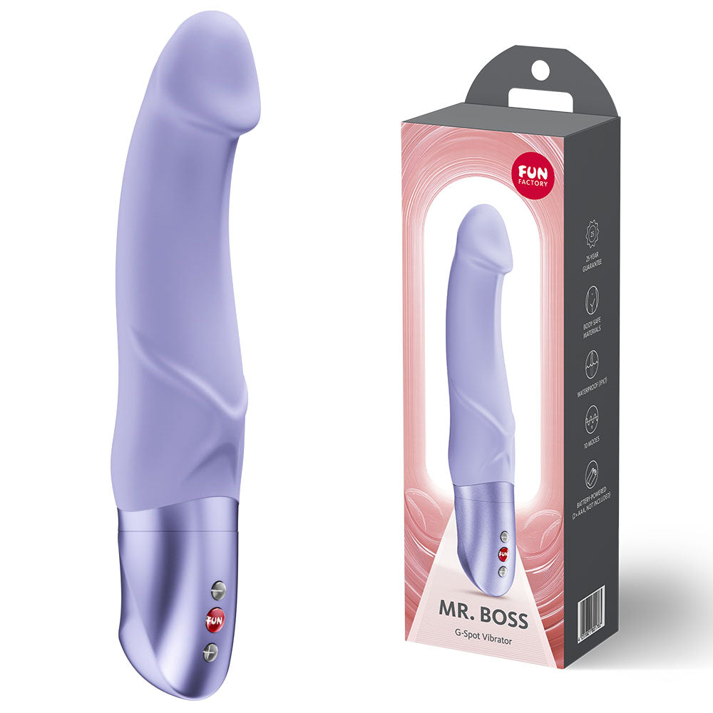 Fun Factory MR. BOSS - 21 cm Vibrator with curved shaft for G-spot stimulation and packaging design