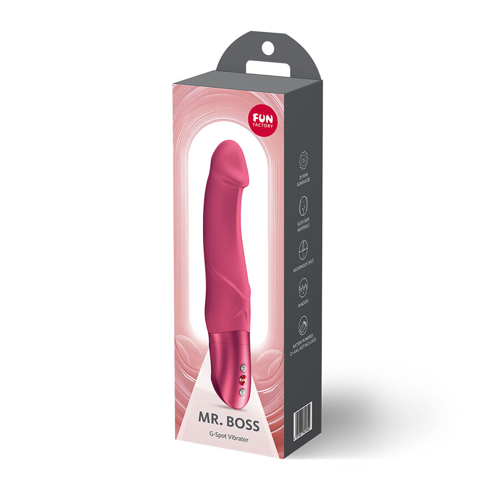 Fun Factory MR. BOSS Raspberry - Raspberry 21 cm Vibrator in packaging showcasing its G-spot stimulation features.