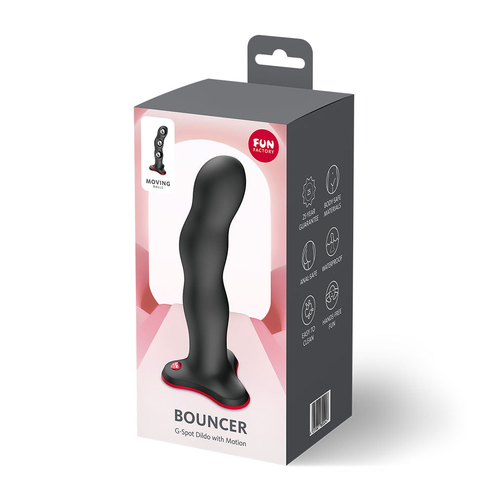 Fun Factory BOUNCER - 18 cm Dildo packaging showcasing G-Spot Dildo with Motion for ultimate pleasure.