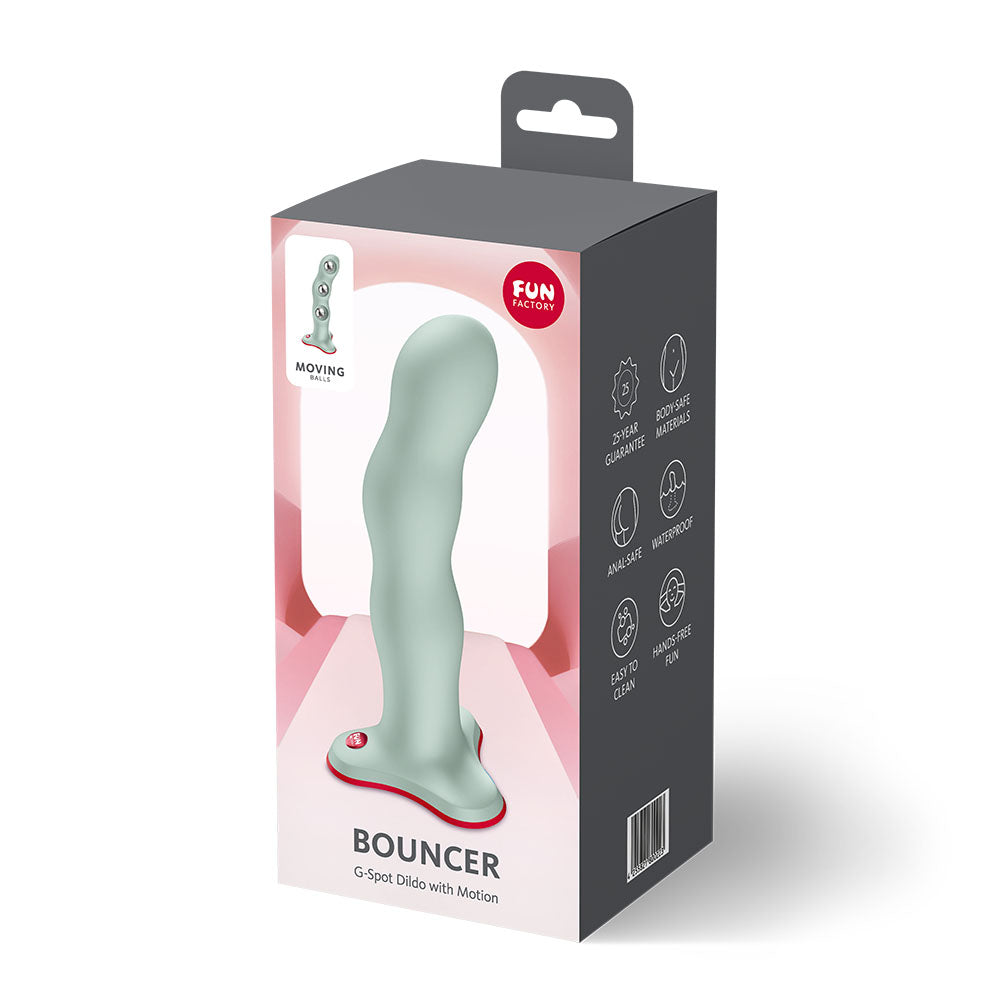 Fun Factory BOUNCER Light  - Light  18 cm Dildo packaging featuring G-spot design and motion functionality.