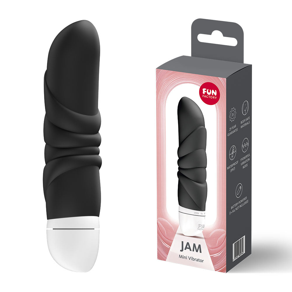 Fun Factory JAM - 12.2 cm Vibrator in ergonomic design, showcasing its premium silicone and packaging.