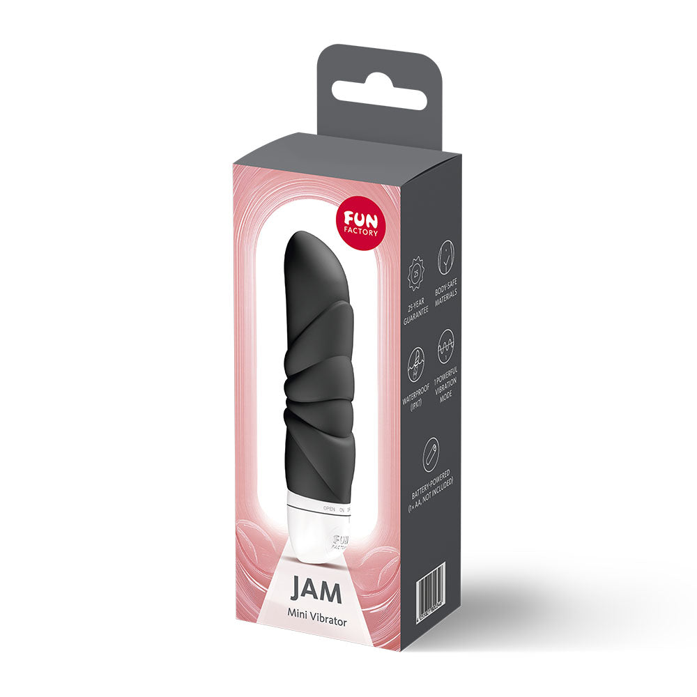 Fun Factory JAM - 12.2 cm Vibrator in sleek packaging, showcasing its ergonomic design and texture.