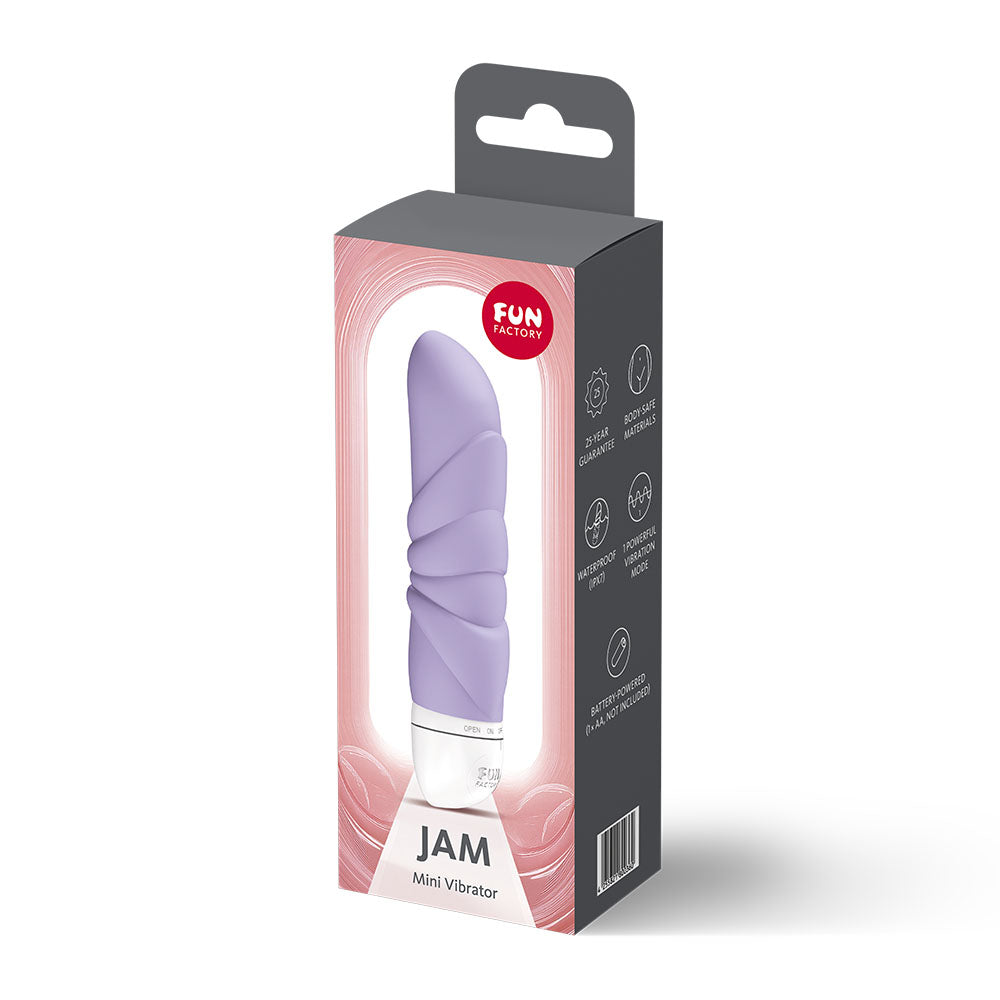 Fun Factory JAM - 12.2 cm Vibrator packaging, showcasing its ergonomic design and vibrant color.