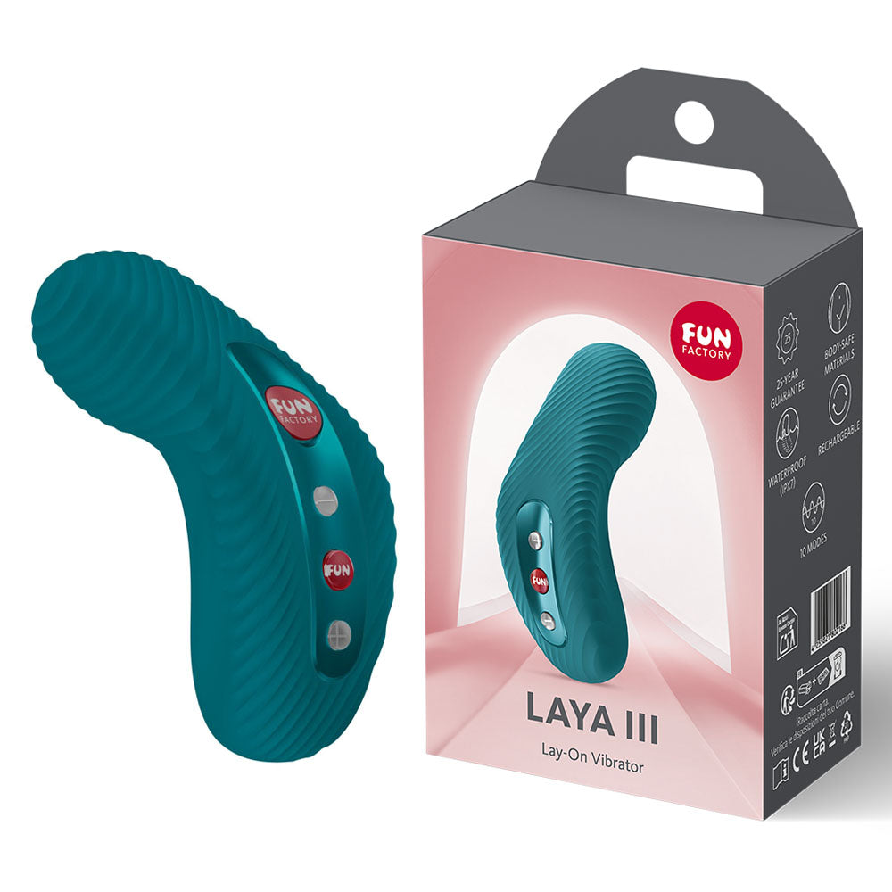 Fun Factory LAYA III Bottle - Bottle USB-C Rechargeable Stimulator and packaging with ergonomic design.