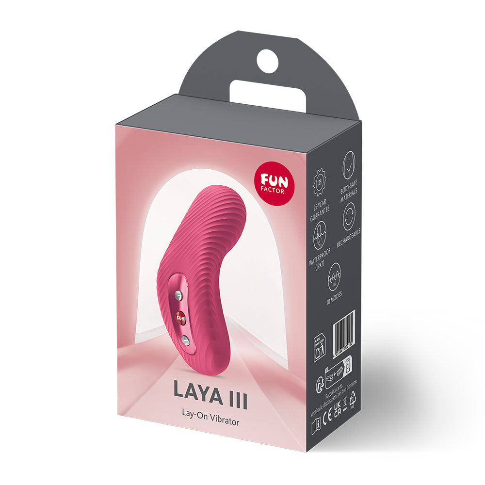 Fun Factory LAYA III Raspberry - Raspberry USB-C Rechargeable Stimulator packaging design with ergonomic vibrator shape.