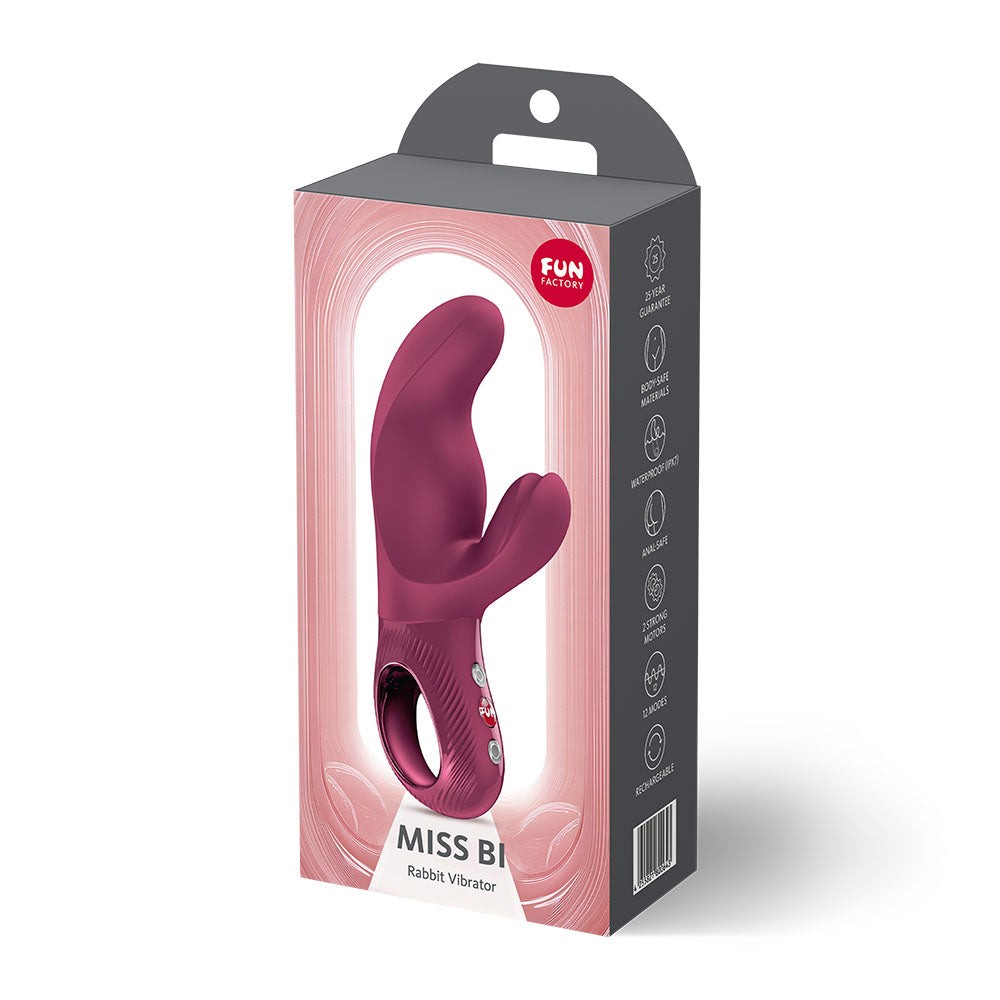 Fun Factory MISS BI Wine  - Wine  17 cm USB-C Rechargeable Vibrator in packaging, showcasing its ergonomic design.