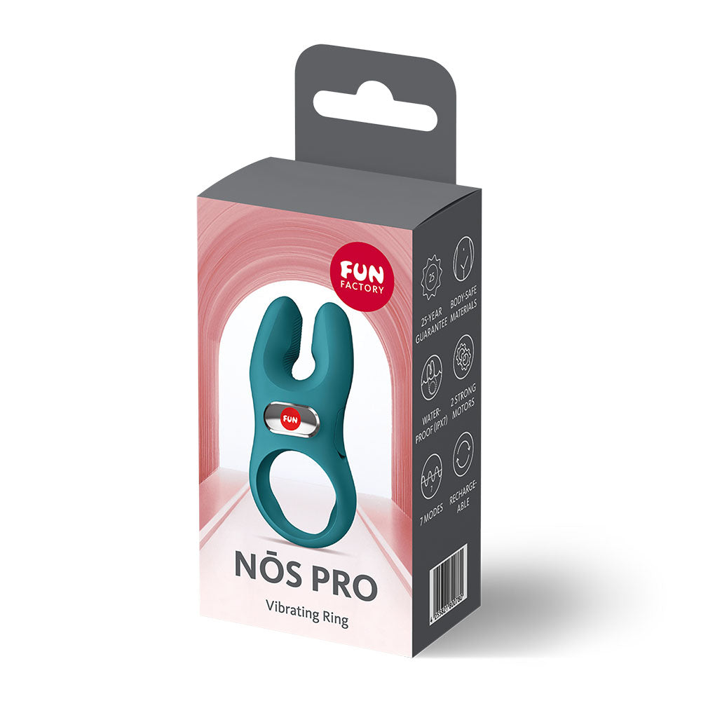Fun Factory NOS PRO Bottle  - Bottle  USB-C Rechargeable Vibrating Cock Ring packaging with turquoise design.
