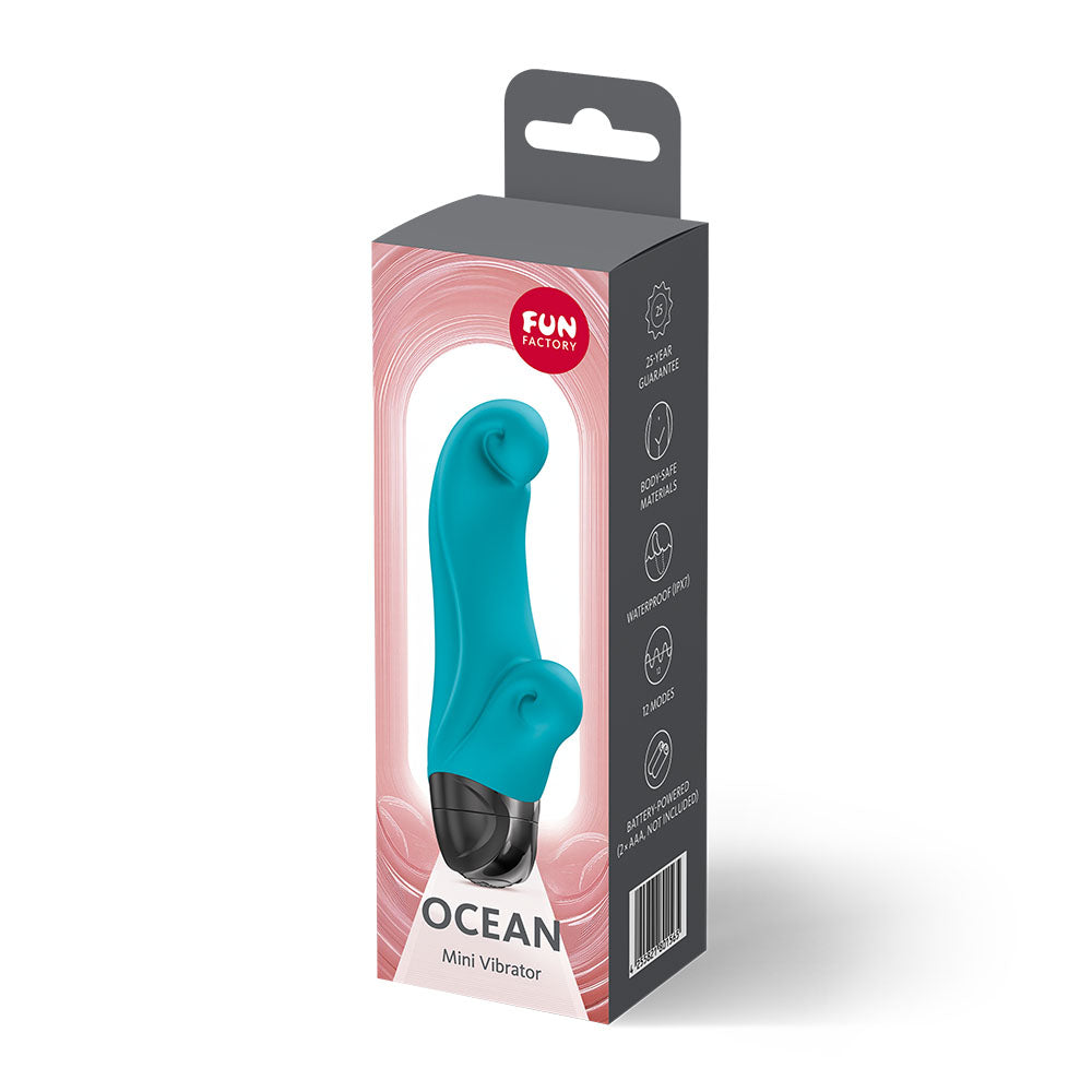 Fun Factory OCEAN Aquamarine - Aquamarine 14.5 cm Vibrator in packaging, designed for G-spot and clitoral pleasure.