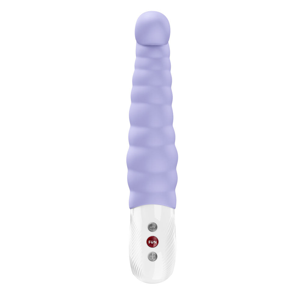 Fun Factory PATCHY PAUL - 23 cm USB-C Rechargeable Vibrator in purple with a textured shaft and control buttons on the base.