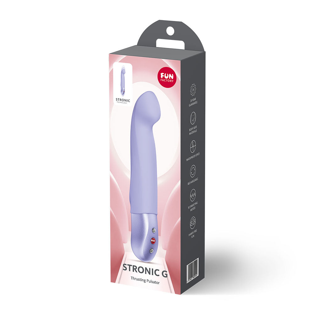 Fun Factory STRONIC G - 20.8 cm USB-C Rechargeable Thrusting Vibrator packaging with features and design details.