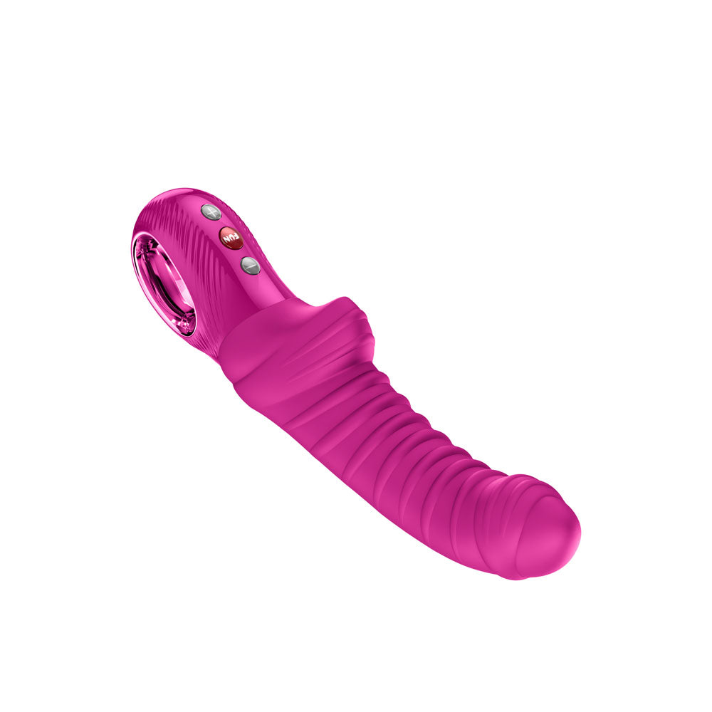 Fun Factory TIGER Magenta - Magenta 22.4 cm USB-C Rechargeable Vibrator showcasing its curved tip and ribbed texture.