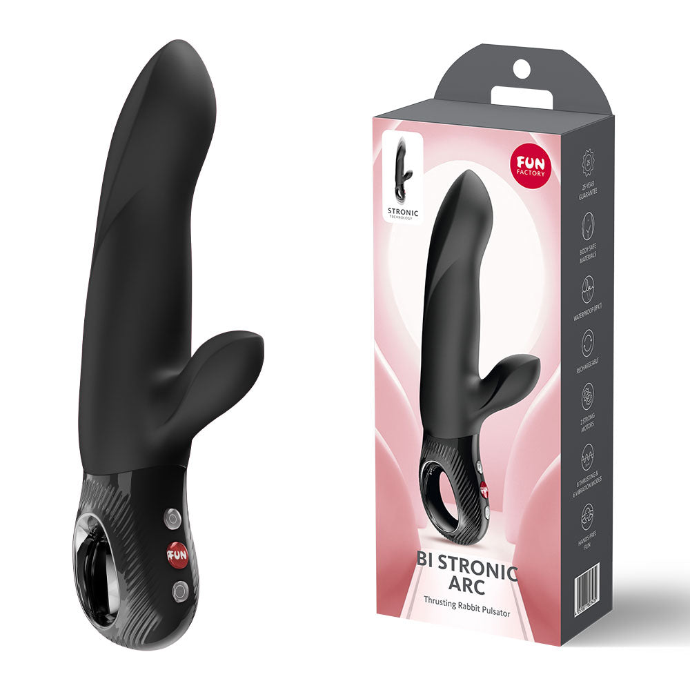 Fun Factory BI STRONIC ARC - 21.6 cm USB-C Rechargeable Thrusting Vibrator in black packaging.