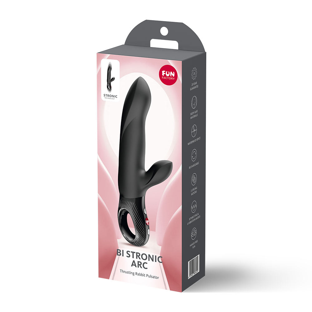 Fun Factory BI STRONIC ARC - 21.6 cm USB-C Rechargeable Thrusting Vibrator packaging design with product details.