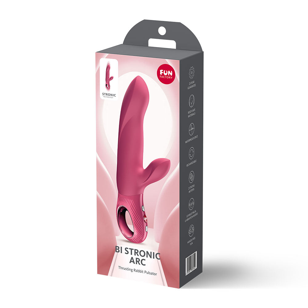 Fun Factory BI STRONIC ARC Raspberry - Raspberry 21.6 cm USB-C Rechargeable Thrusting Vibrator packaging image.