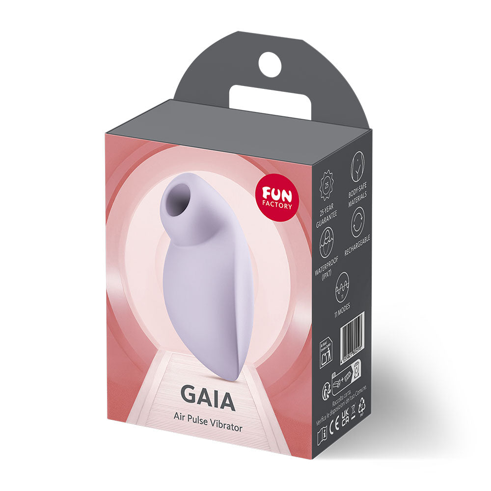 Fun Factory GAIA - USB Rechargeable Air Pulse Stimulator packaging showcasing ergonomic design and vibrant colors.