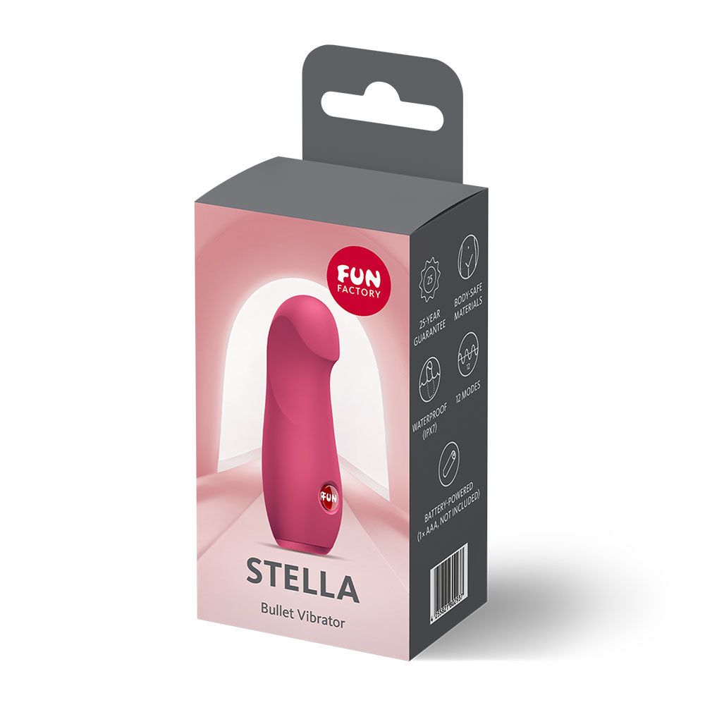 Fun Factory STELLA Raspberry - Raspberry Vibrating Bullet packaging showcasing its sleek design and features.