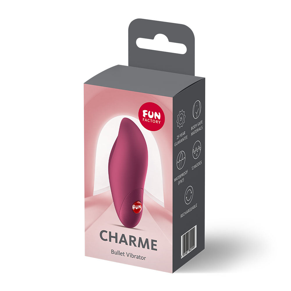 Fun Factory CHARME Wine - Wine USB-C Rechargeable Stimulator packaging with bullet vibrator design.