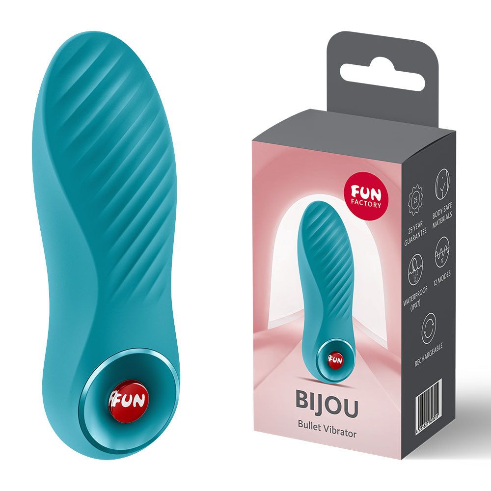 Fun Factory BIJOU Aquamarine - Aquamarine USB-C Rechargeable Stimulator displayed with packaging.
