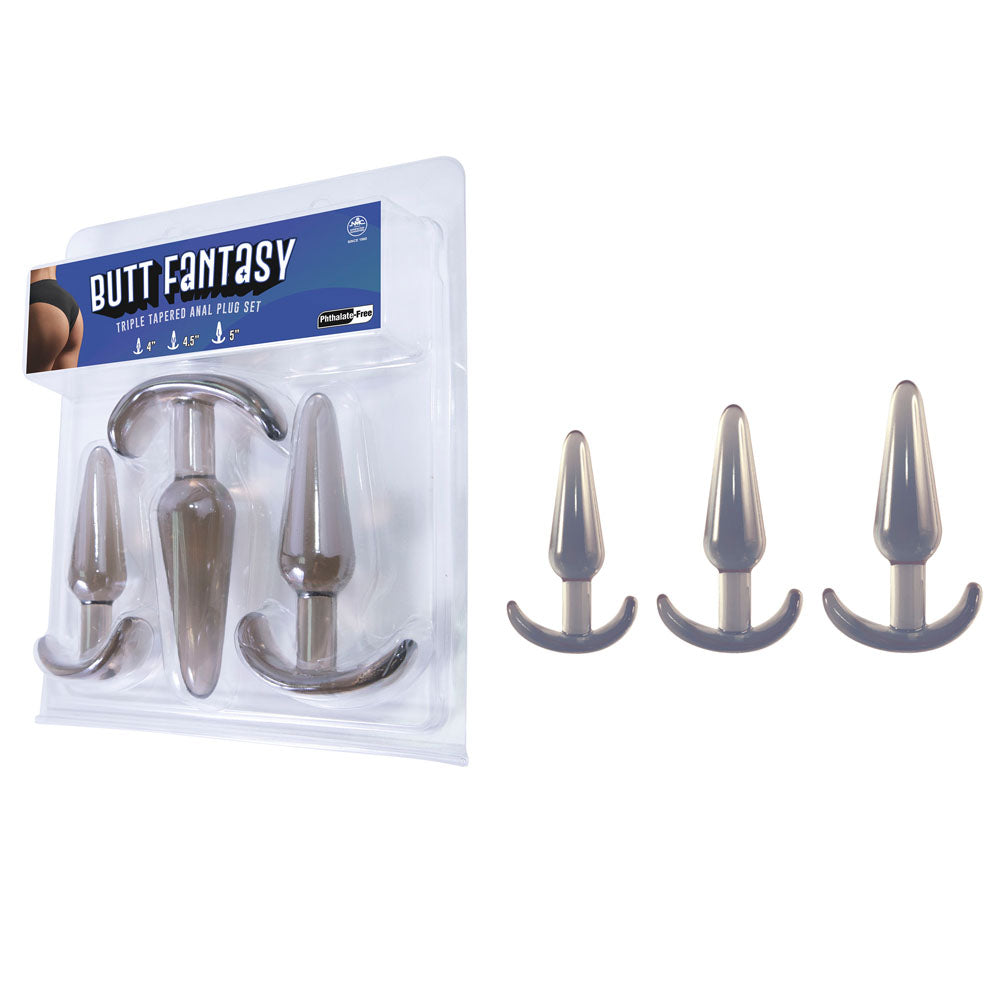 Butt Fantasy Triple Tapered Anal Plug Set -  -  Beginners Butt Plugs - Set of 3 Sizes in packaging with 3 different sizes.