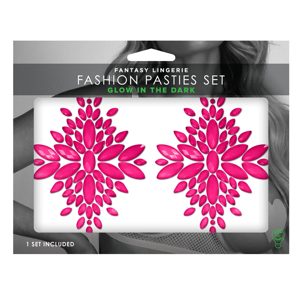 GLOW Fashion Pasties Set - Glow Crystals featuring neon pink glow in the dark crystal design, perfect intimate essentials for her.