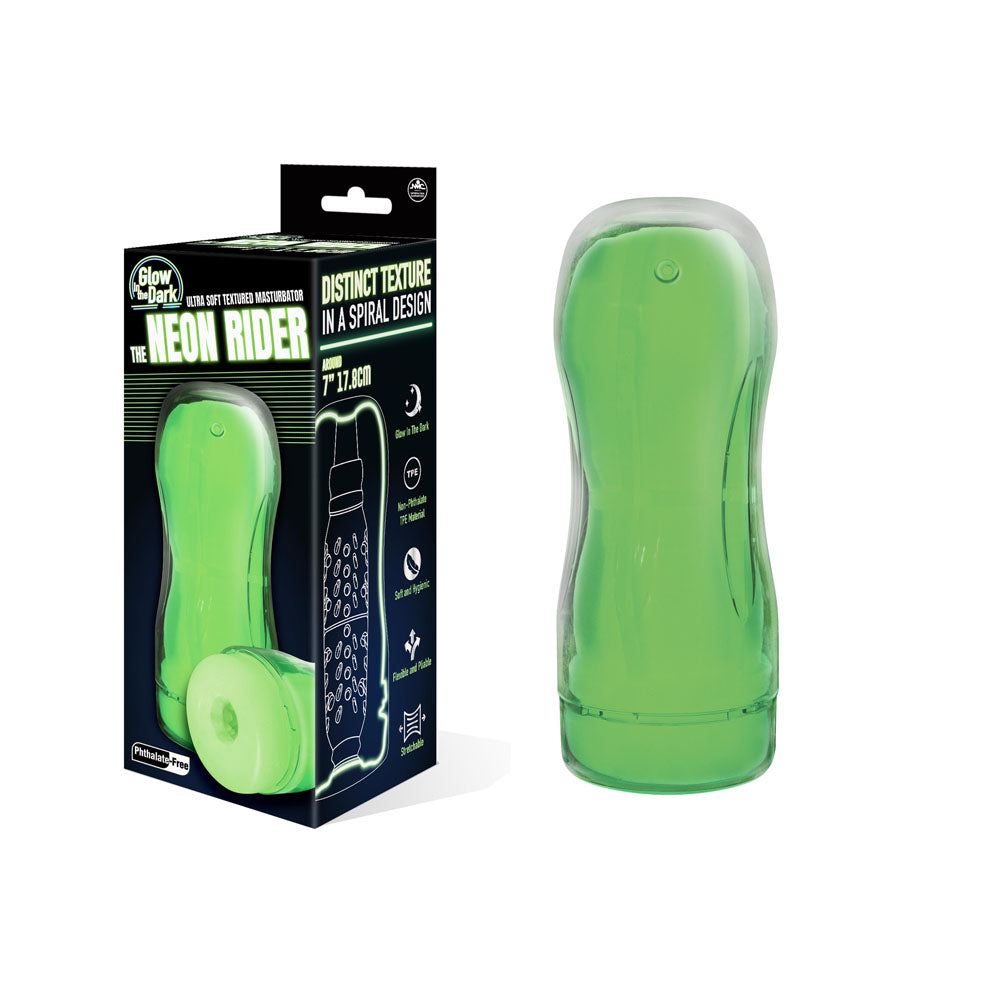 The Neon Rider - Glow in Dark 17.8 cm Stroker with distinct spiral texture and glowing feature.