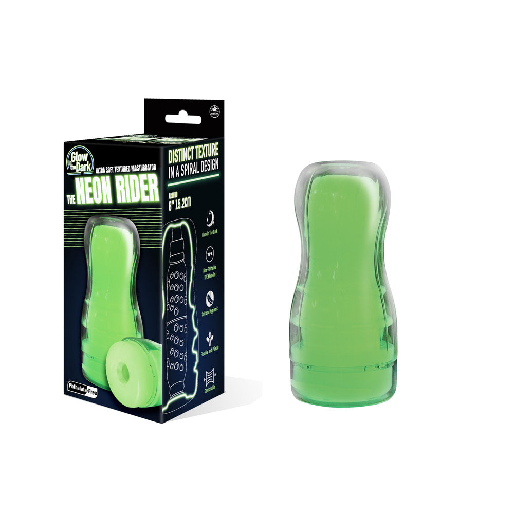 The Neon Rider - Glow in Dark 15.2 cm Stroker, featuring distinct spiral texture, glow-in-the-dark design and flexible TPE material.