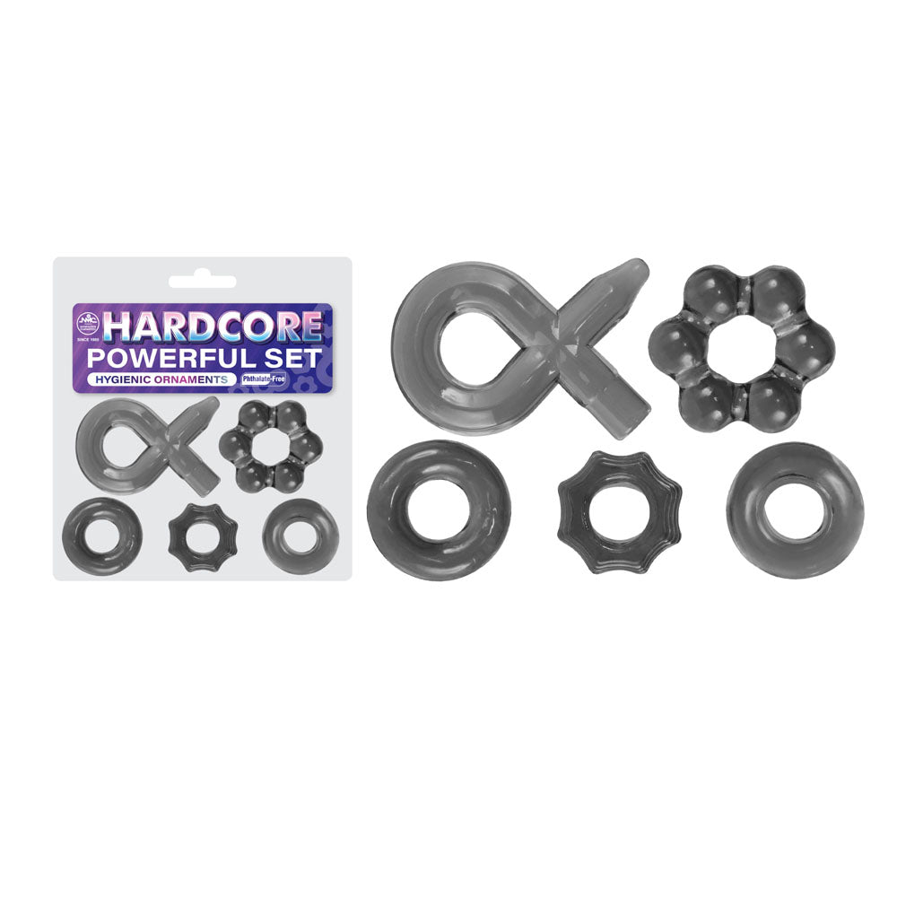 Hardcore Powerful Set Cock Rings - Set of 5 - Smoke Cock Rings - Set of 5 displayed with various shapes and TPE material.