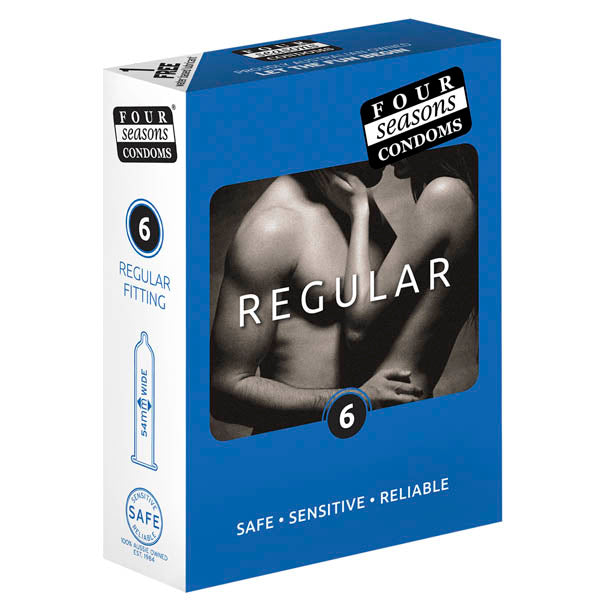 Four Seasons Regular Condoms - Regular Fit Lubricated Condoms - 6 Pack packaging with safe, sensitive, and reliable features.