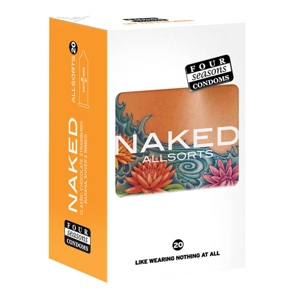 Four Seasons Naked Allsorts - Ultra Thin Lubed Condoms in 6 Styles - 20 Pack packaging with colorful floral design.