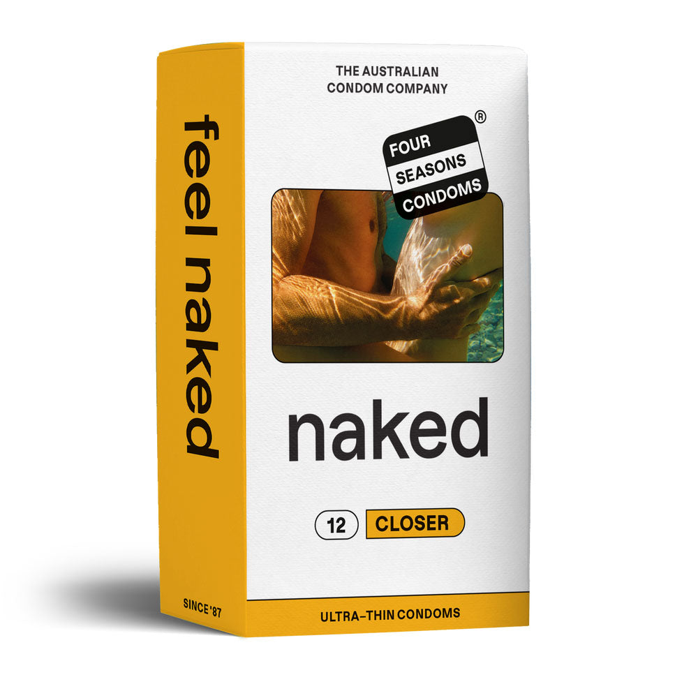Four Seasons Naked Closer - Ultra Thin Tighter Lubed Condoms - 12 Pack packaging with brand and product details.