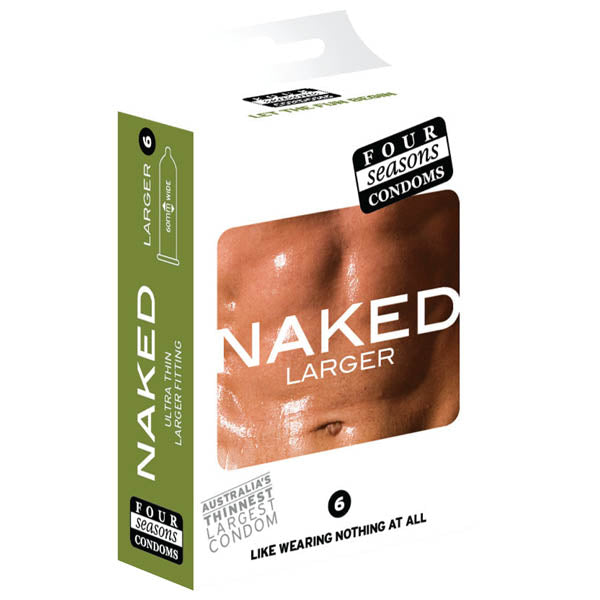 Four Seasons Naked Larger Fitting Condoms - Naked Larger Fitting Lubricated Condoms - 6 Pack packaging showing size and texture.