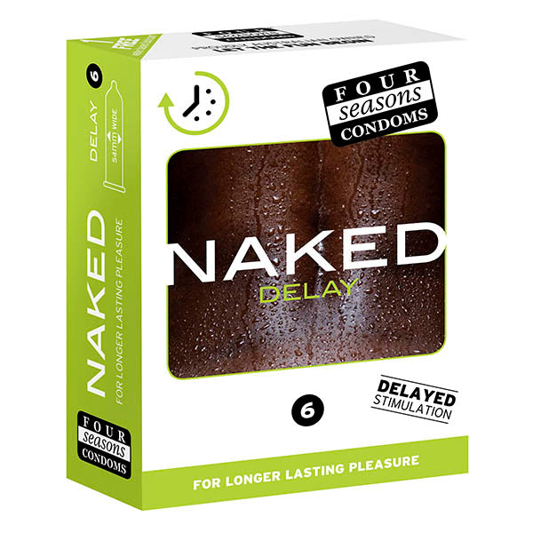 Four Seasons Naked Delay - Ultra Thin Condoms - 6 Pack packaging designed for longer lasting pleasure.