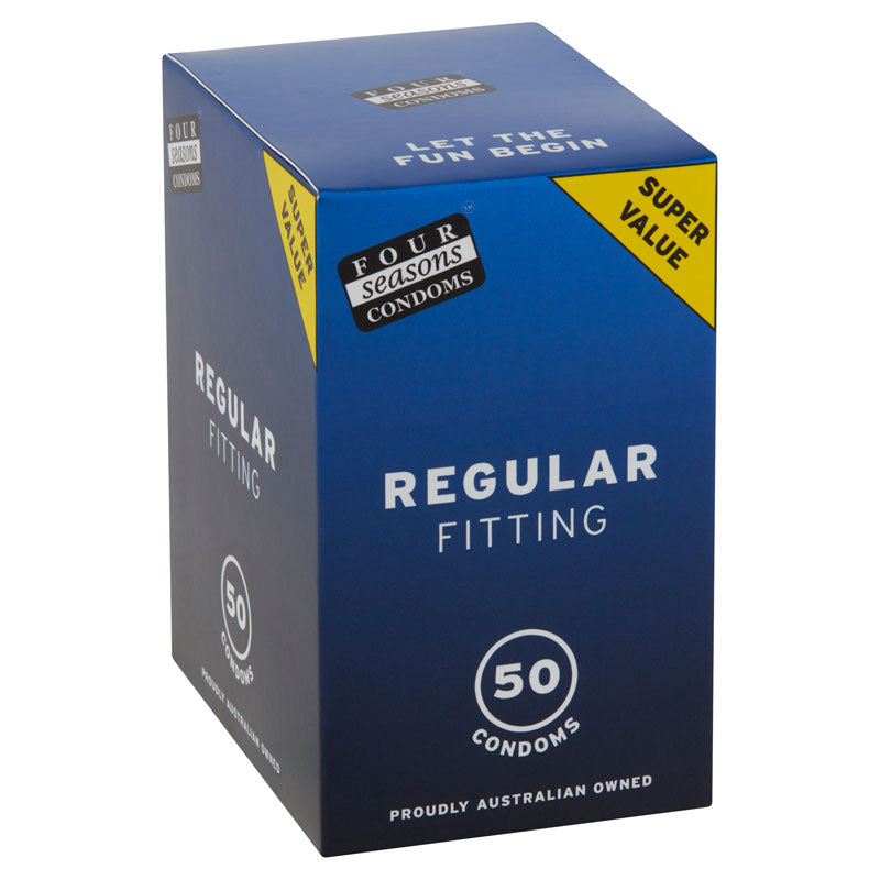 Four Seasons Regular Condoms - Regular Fit Lubricated Condoms - 50 Pack packaging, featuring a blue box design with product details.