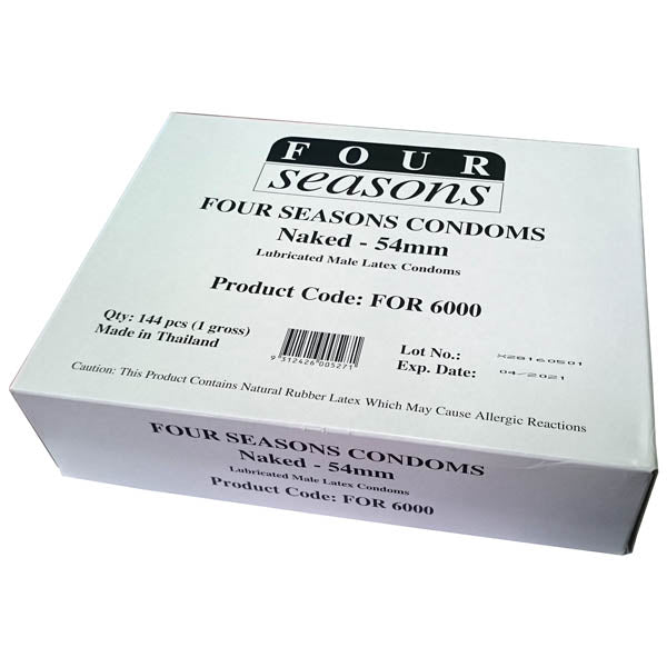 Four Seasons Naked Classic Condoms - Bulk Box of 144, 54mm lubricated male latex condoms.