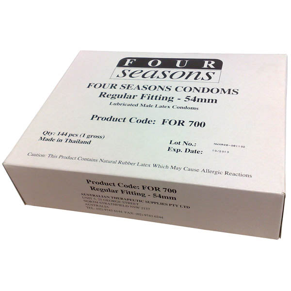 Four Seasons Regular Condoms - Bulk Box of 144, regular fitting 54mm, lubricated male latex condoms.