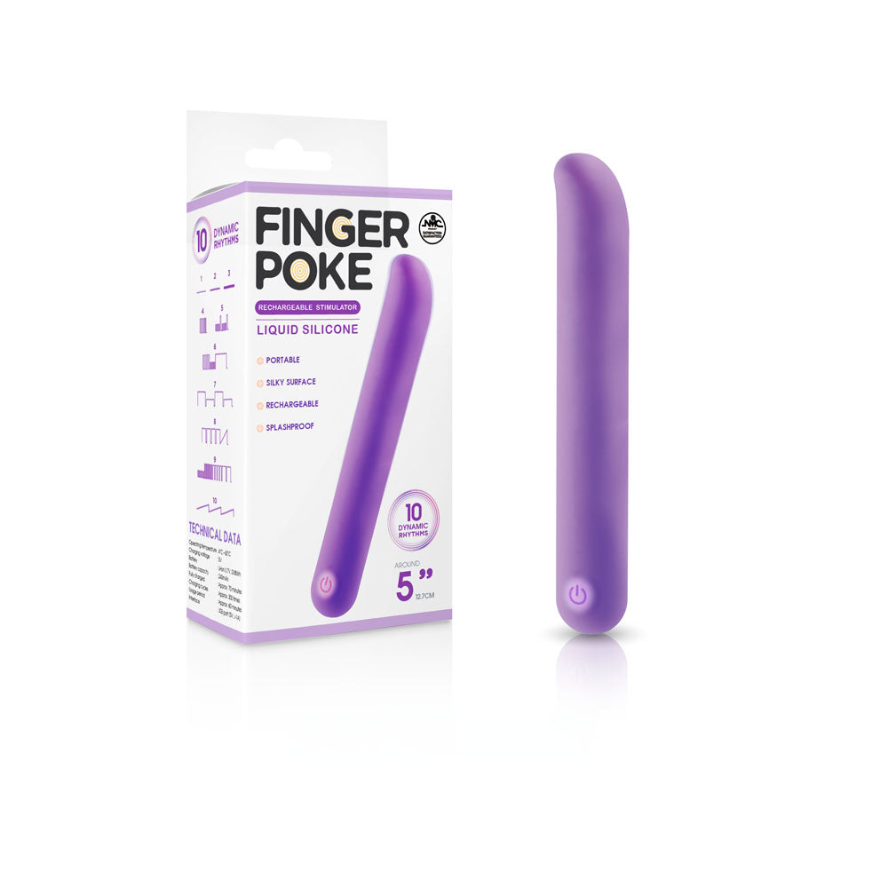 Finger Poke -  -  12.7 cm USB Rechargeable Bullet in purple with packaging showcasing features and 10 dynamic rhythms.